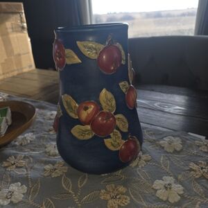 Longaberger Blue Ceramic Vase with Red Apple Motif